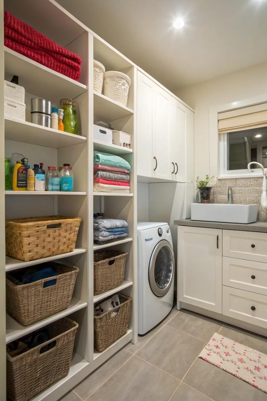 Shelving creates distinct zones for various activities.