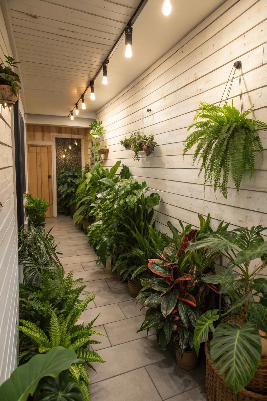 A basement enhanced with board and batten walls adorned with lush indoor plants.