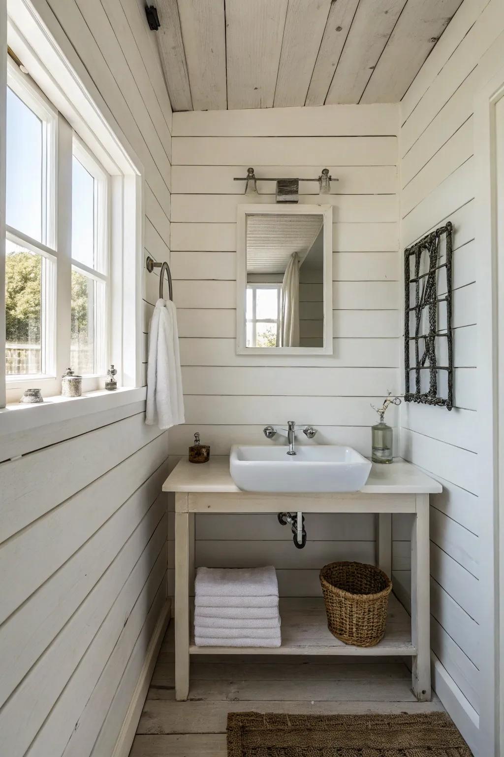 A minimalist bathroom featuring white paneling for a serene look.