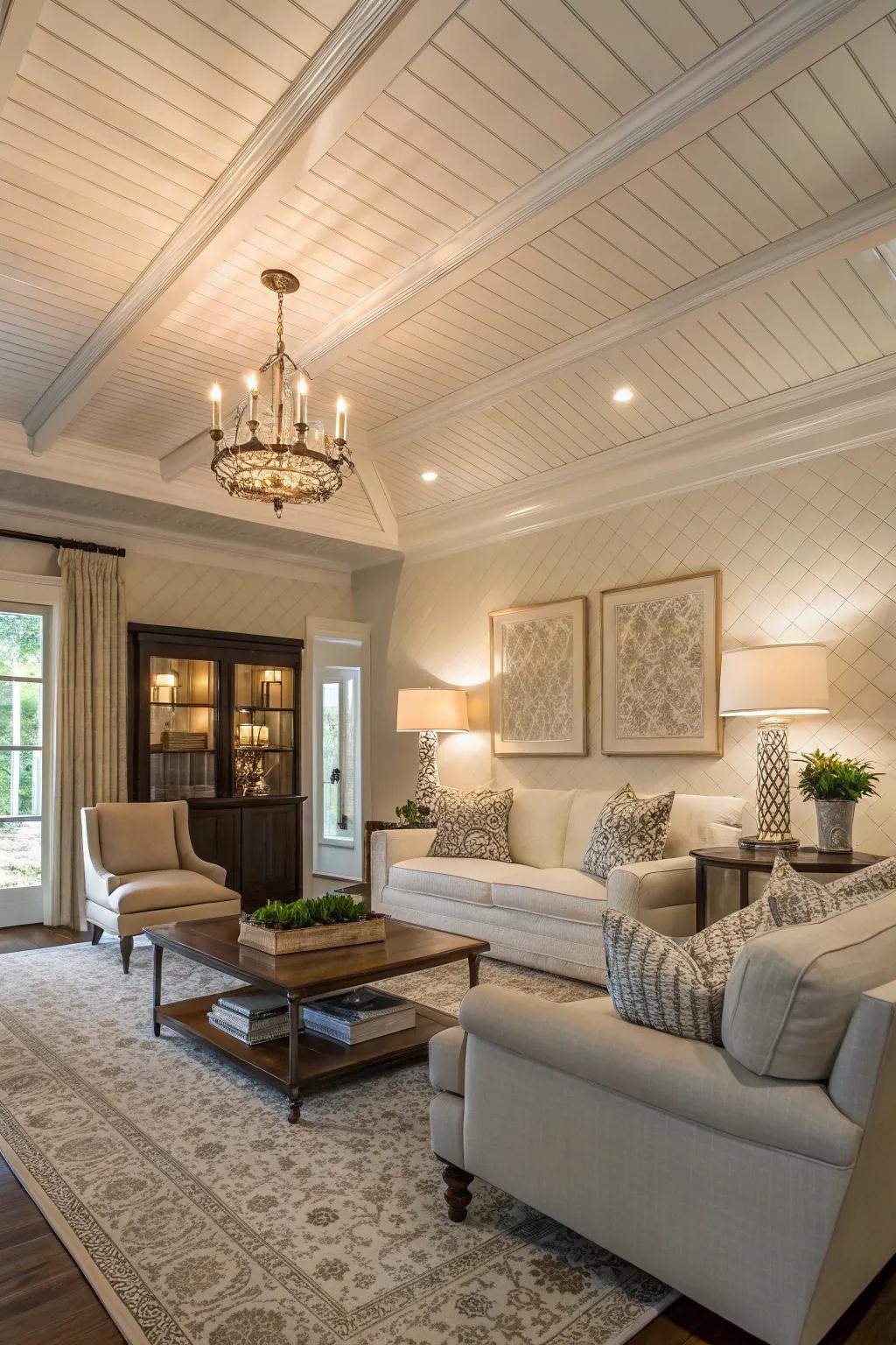 A sophisticated plank ceiling showcasing subtle designs.