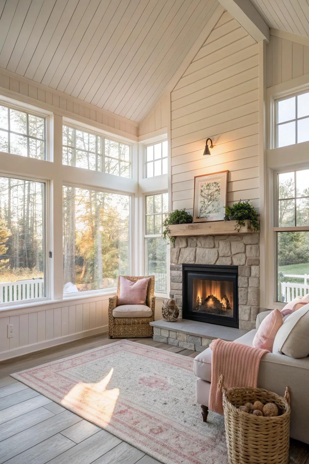Shiplap fireplace in a sunroom builds a serene and light-filled hideaway.