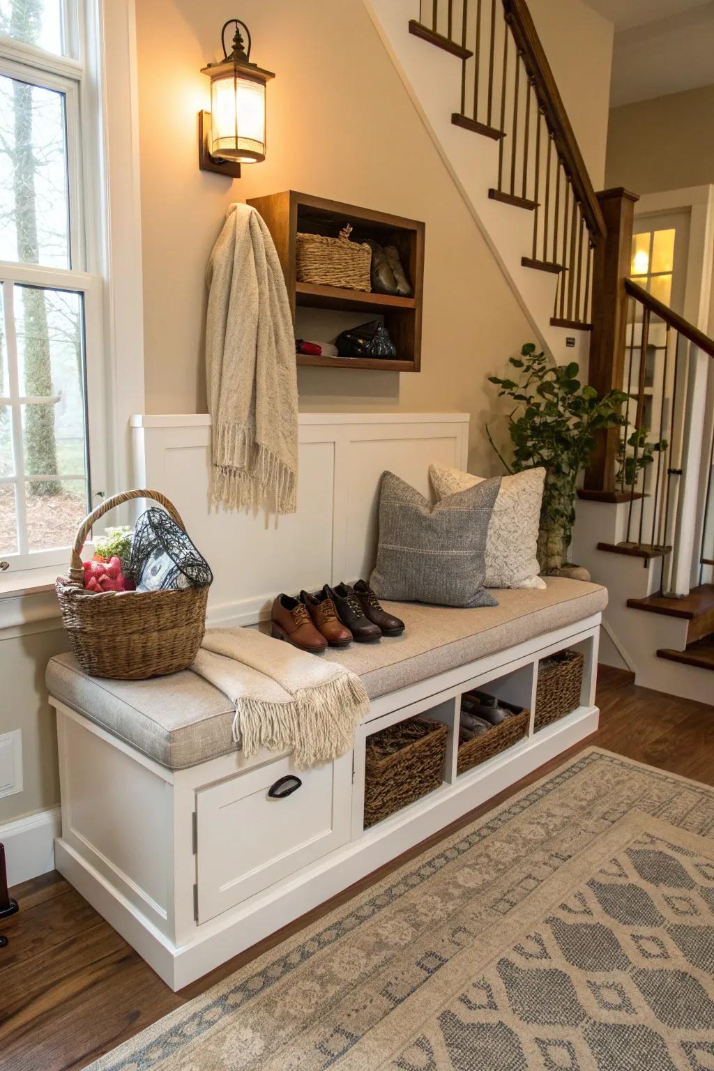 A bench with hidden space for shoe storage.