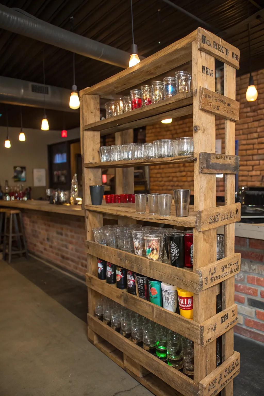 A garage saloon showcasing a DIY pallet rack imaginatively utilized as a commemorative glass presentation.