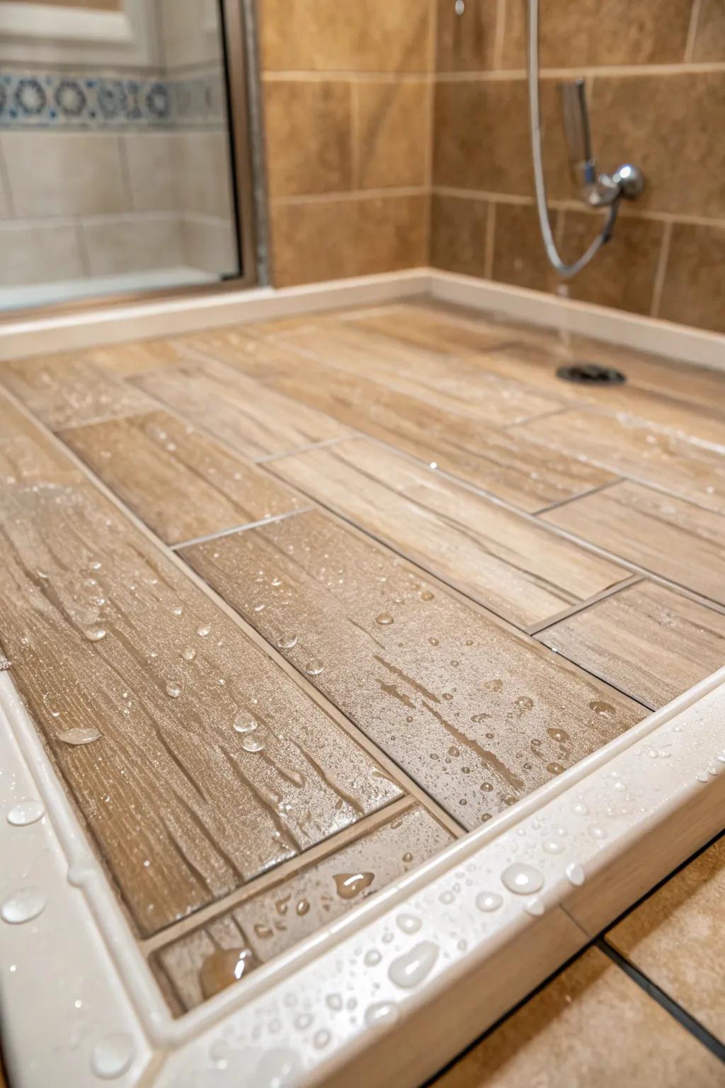 Wood-look tiles on this shower base offer a warm and inviting natural appearance.