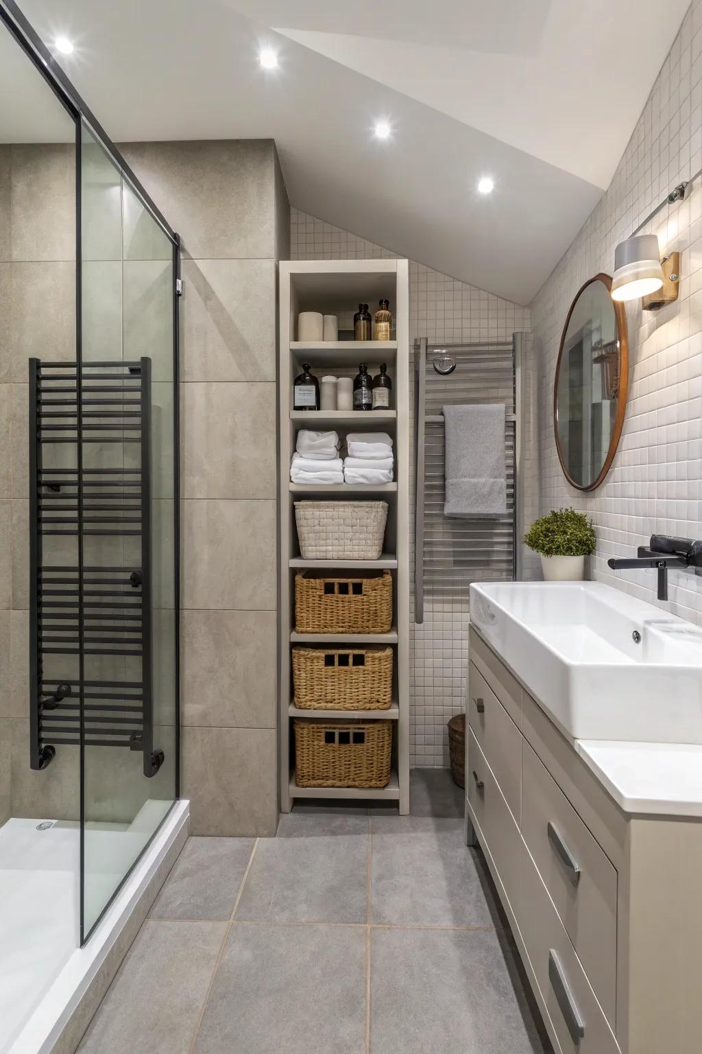 A tidy shower room using smart hidden storage ideas.