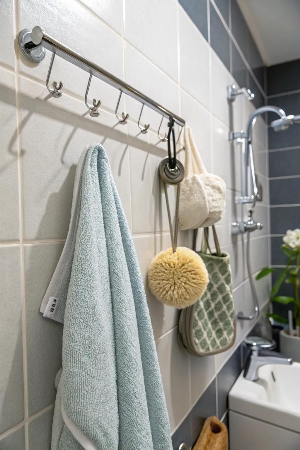 Wall hooks deliver versatile suspension solutions within the shower.