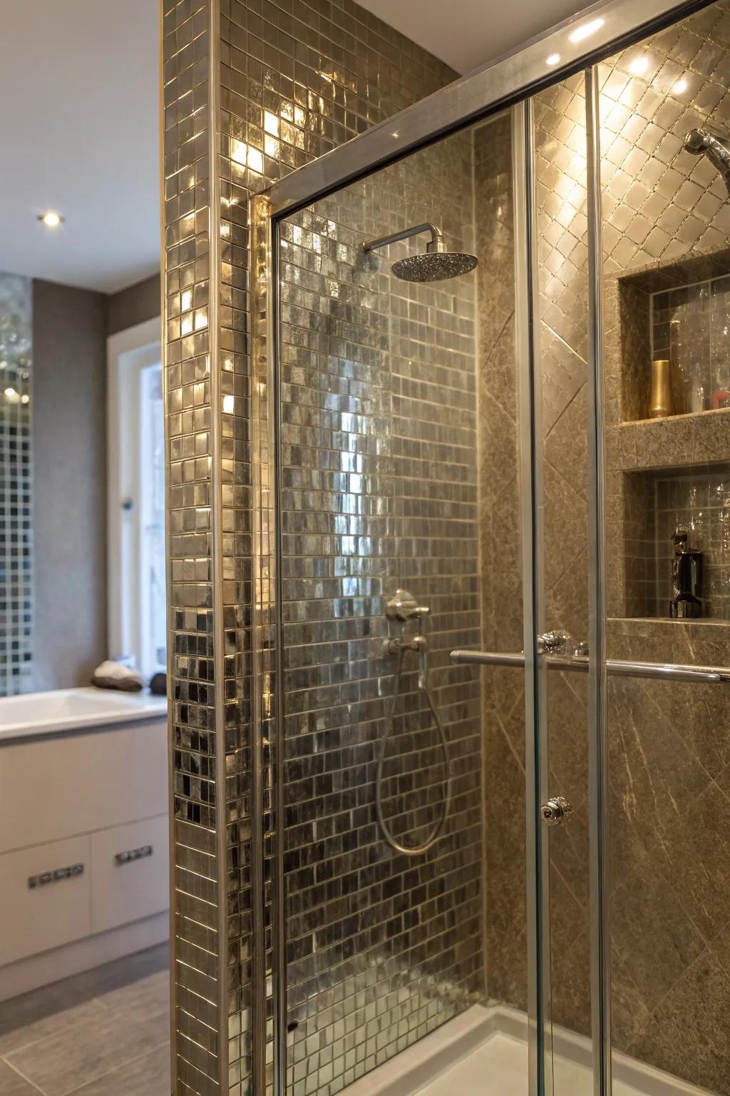 Metallic tiles infuse glamour and contemporary elegance into the shower.