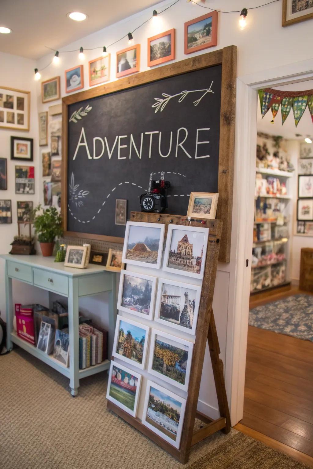 Travel-themed room chalkboard featuring an adventure-inspired quote.