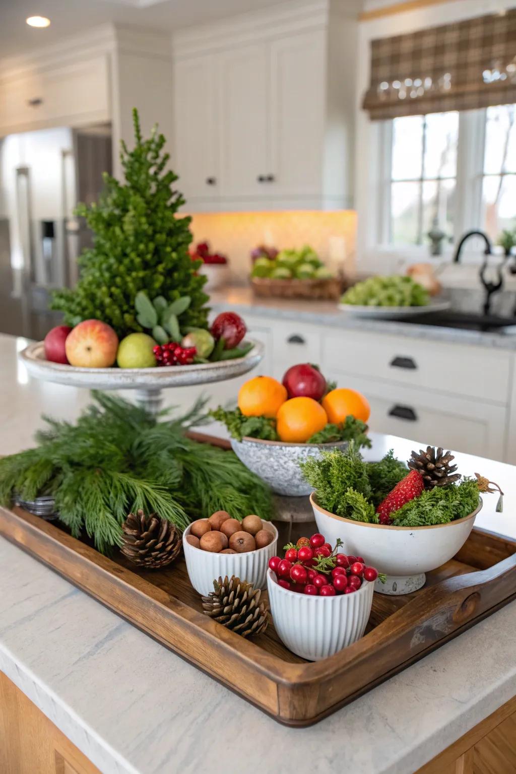 Decorative trays and bowls on the kitchen island.