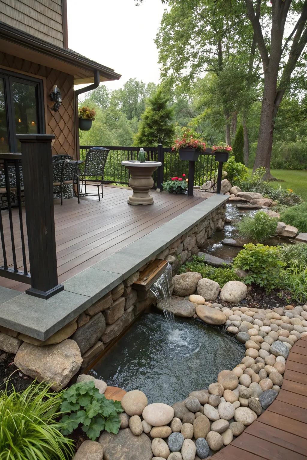 Natural components such as stone and water impart serenity to your deck.