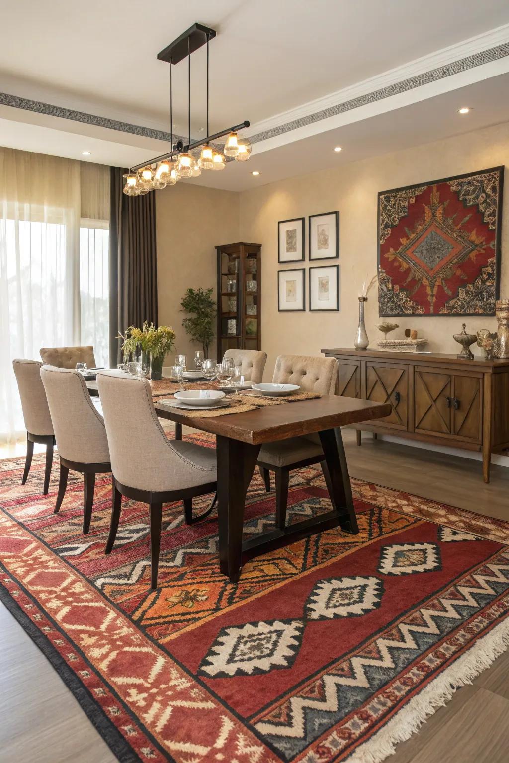 A statement rug unifies the eating space with style.