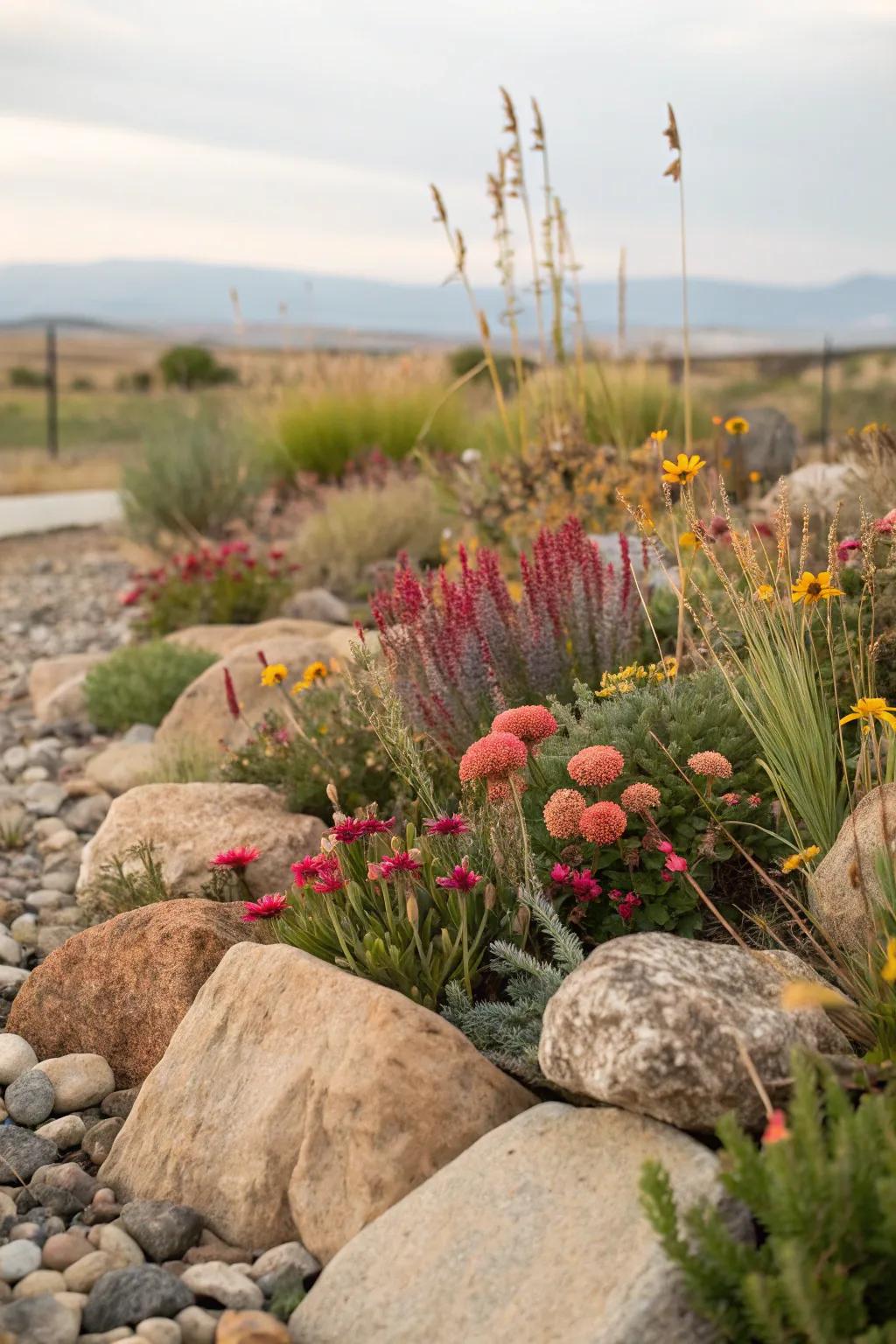 A xeriscape flower bed proffers a sustainable and low-maintenance option for arid climates.