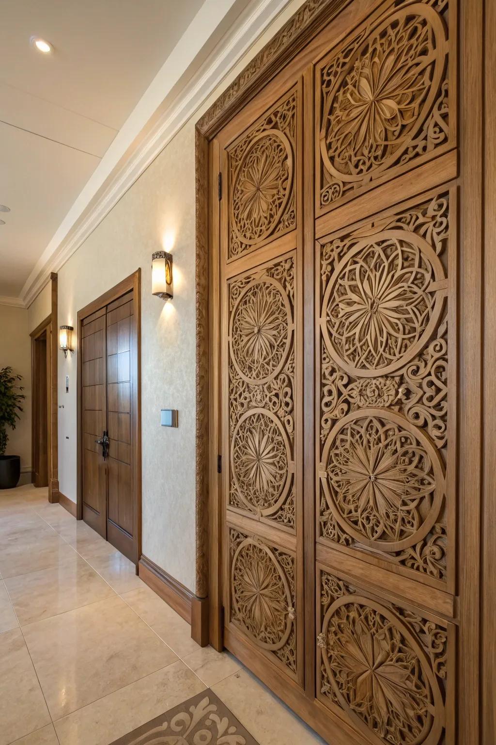 A wooden partition panel with fractal carvings incorporates warmth and texture.