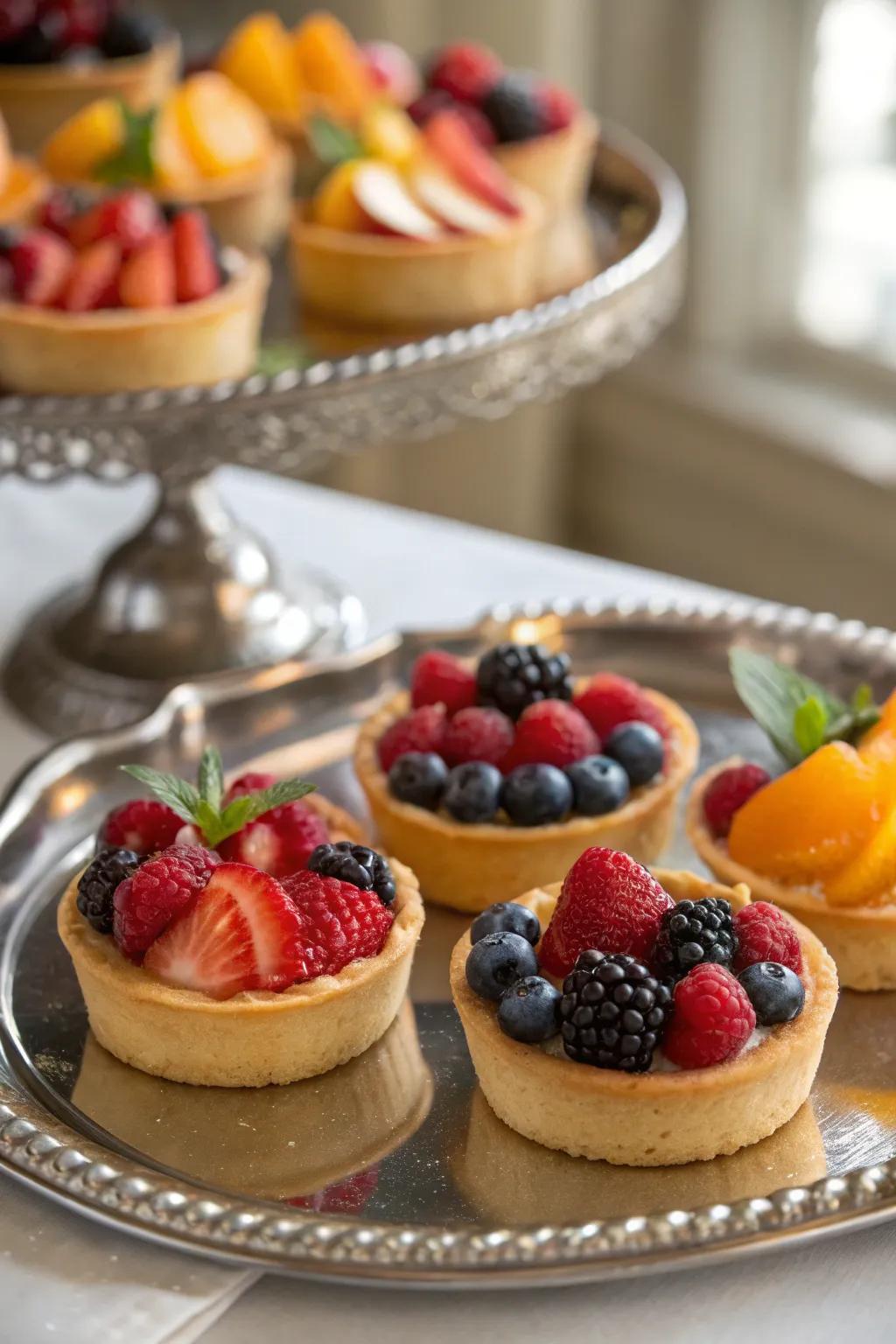 Sophisticated small tartlets topped with fresh seasonal fruits.