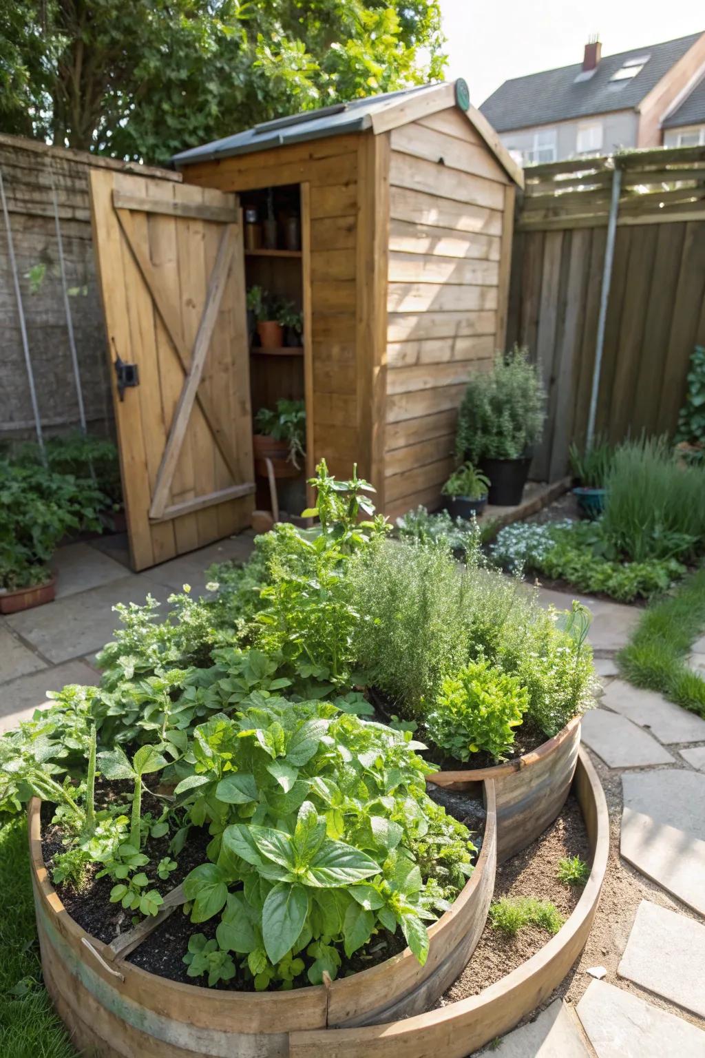 Culinary herb mounds proffer a functional and appealing inclusion to your shed's landscape.