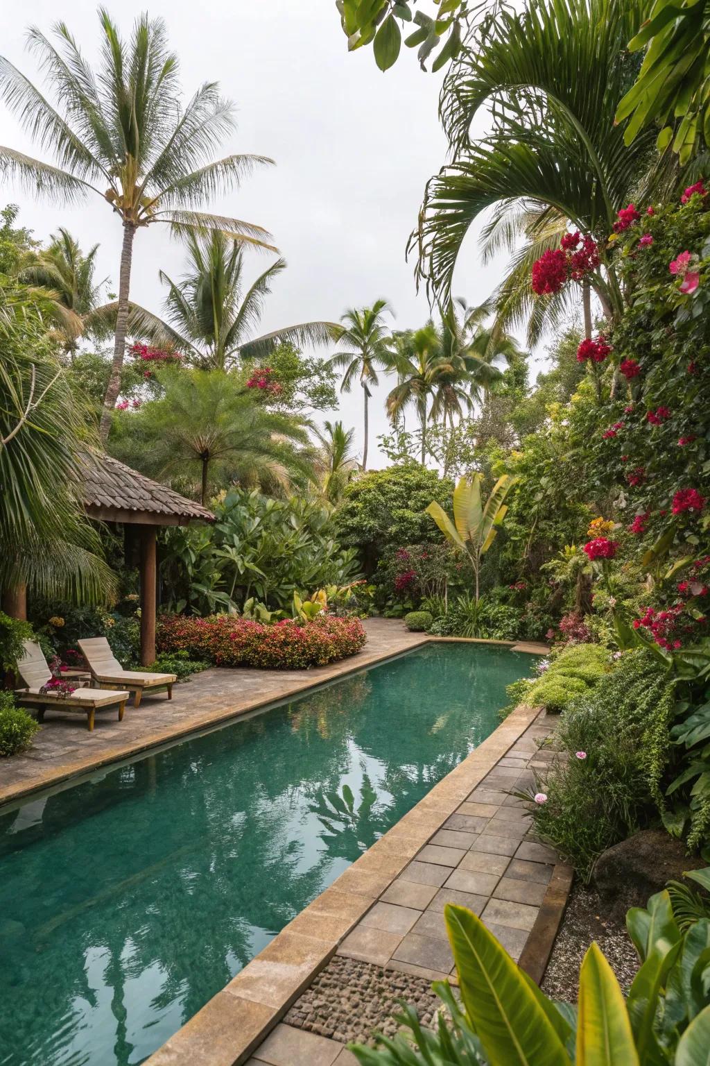 Lush tropical vegetation designing an exotic, vacation-like poolside.