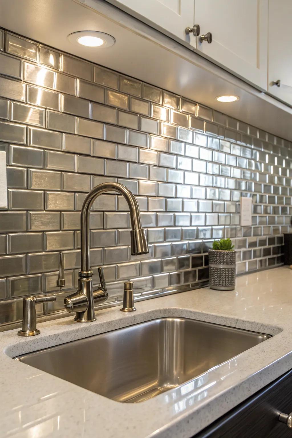 Modern metallic tiles contribute a sleek and lustrous touch to the kitchen.