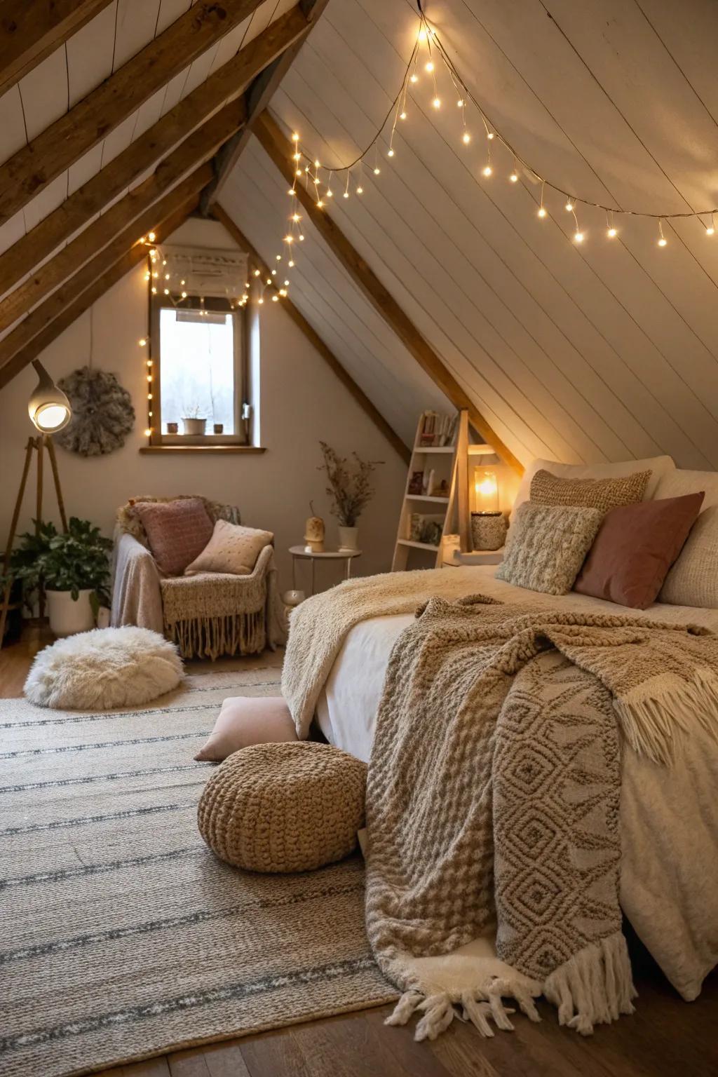 In this attic bedroom, layered lighting results in a warm atmosphere.