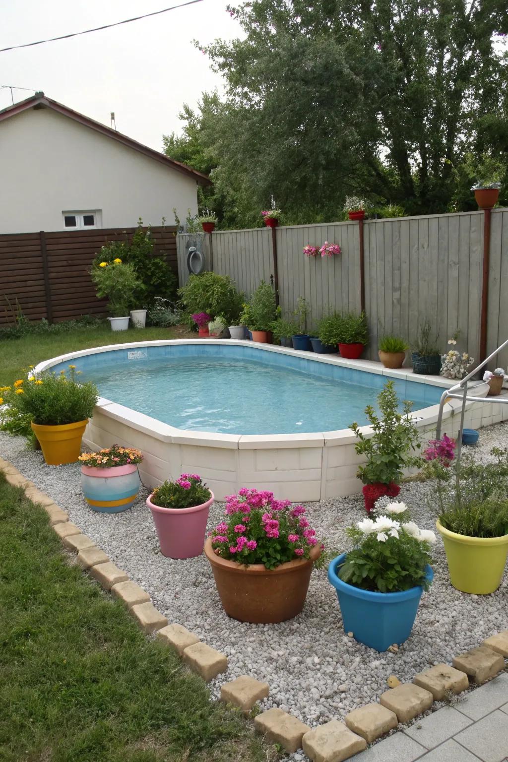 A textured pea gravel border around a charming pool.