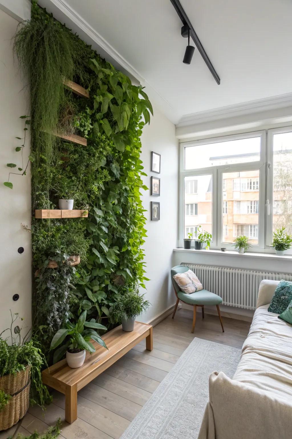 A hanging garden adds greenery without taking up floor space.