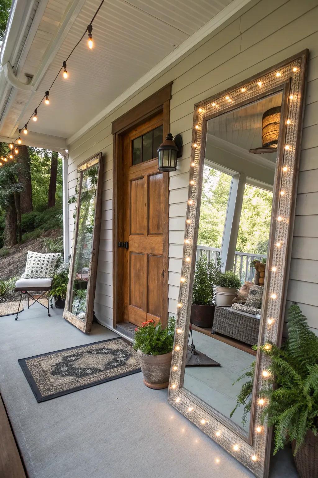 Mirrors expand the visual space of a modest porch.