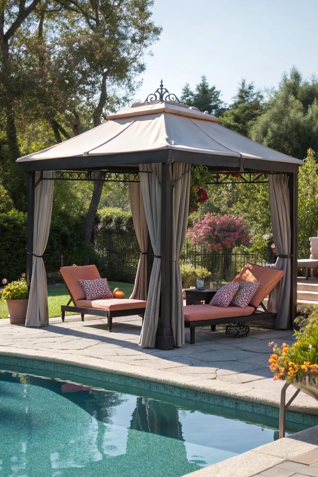 Relax in style with a poolside arbor retreat.