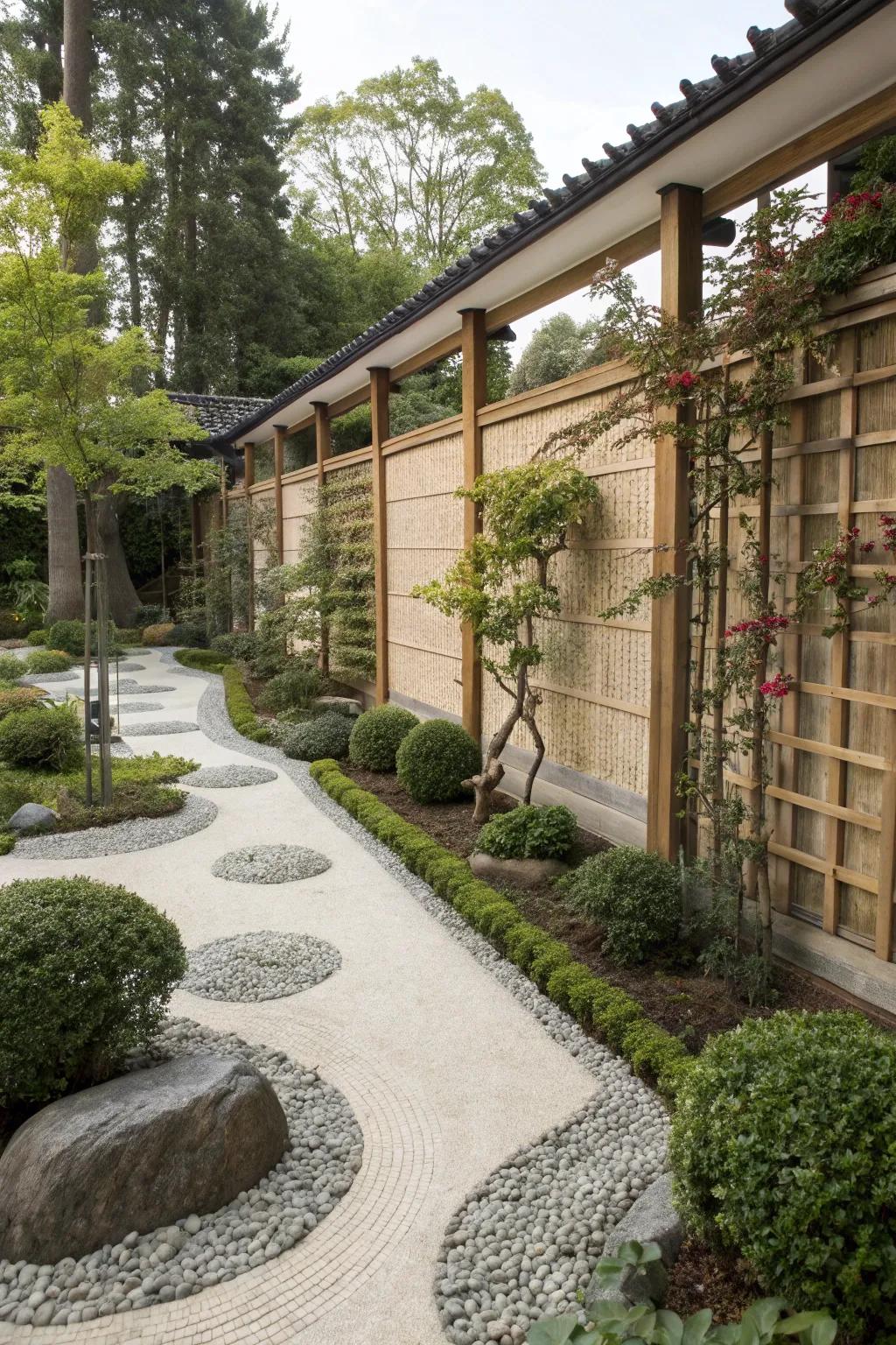 A zen garden features trellises and climbing plants, adding height and vertical interest.