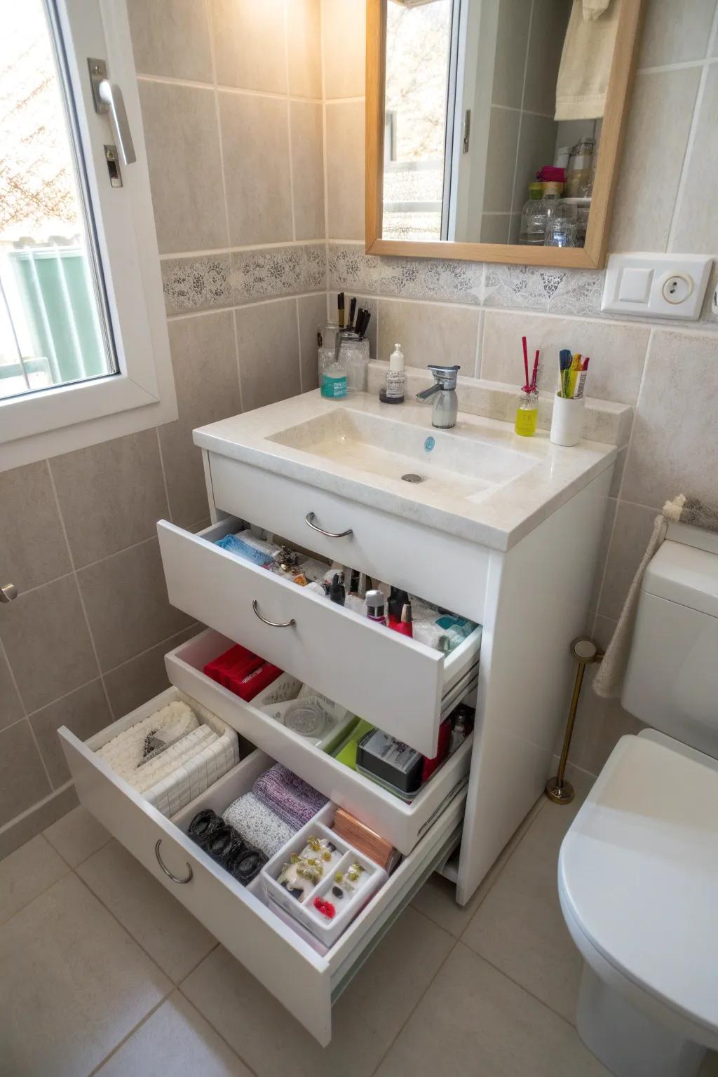 Slide-out drawers that enhance organization and accessibility in a small bathroom vanity.