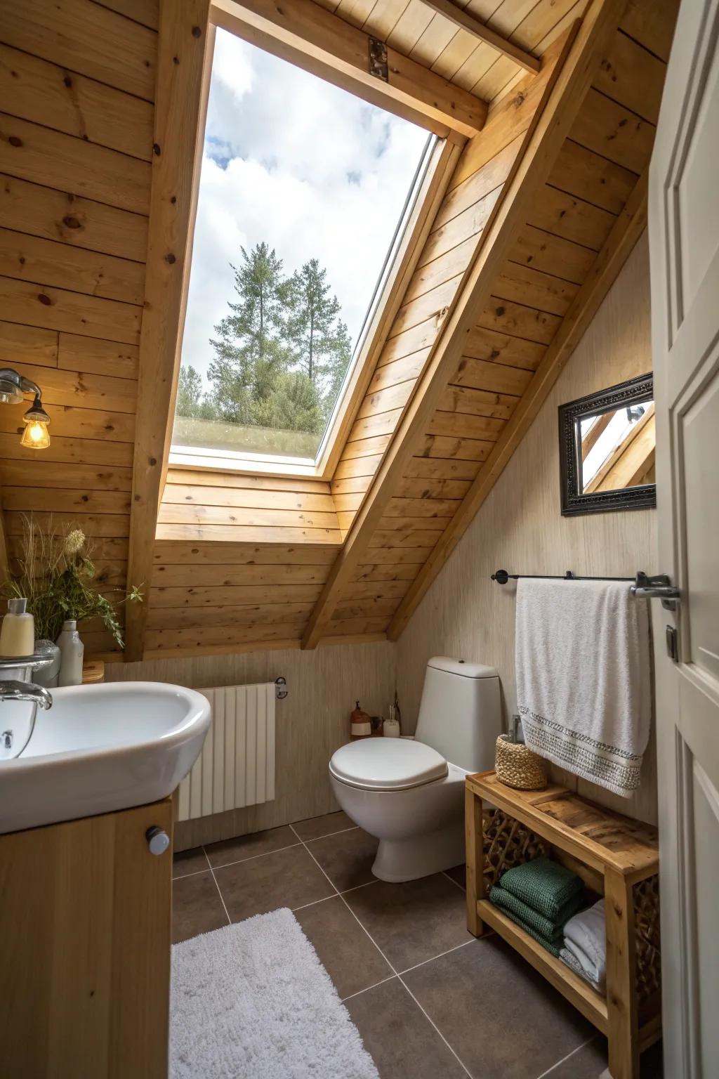A skylight enhances the natural beauty of the wood roof.