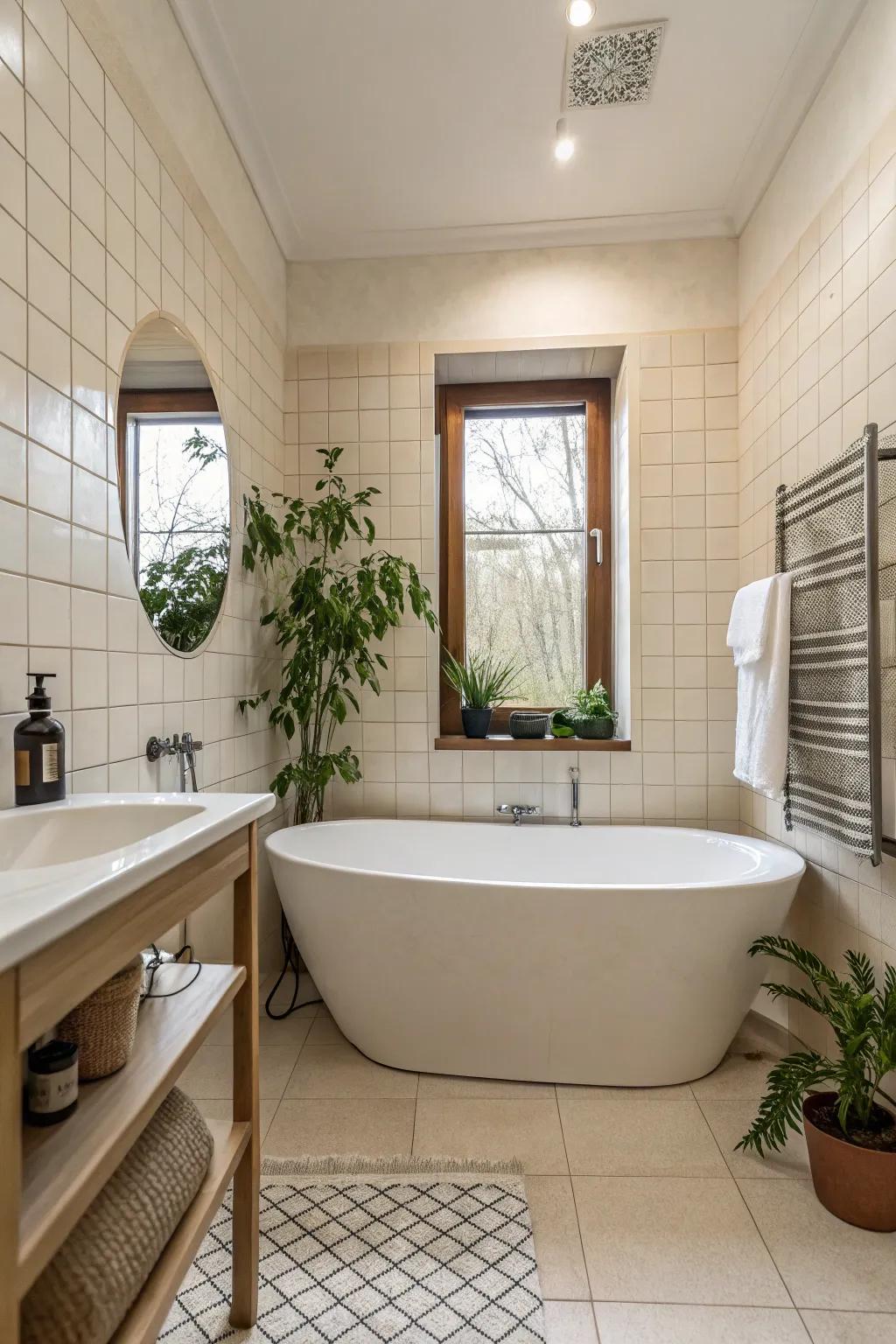 A luxurious atmosphere in a small bathroom featuring a solitary tub.