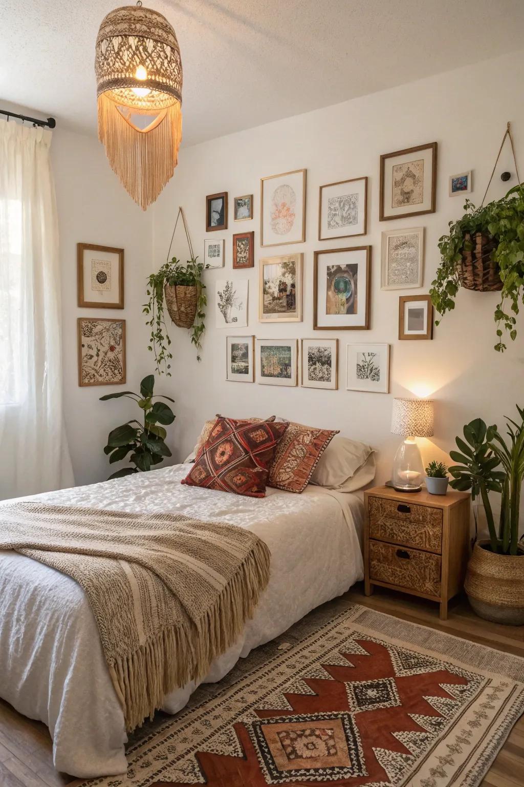 A wall display introduces a personal and varied touch to this boho bedroom