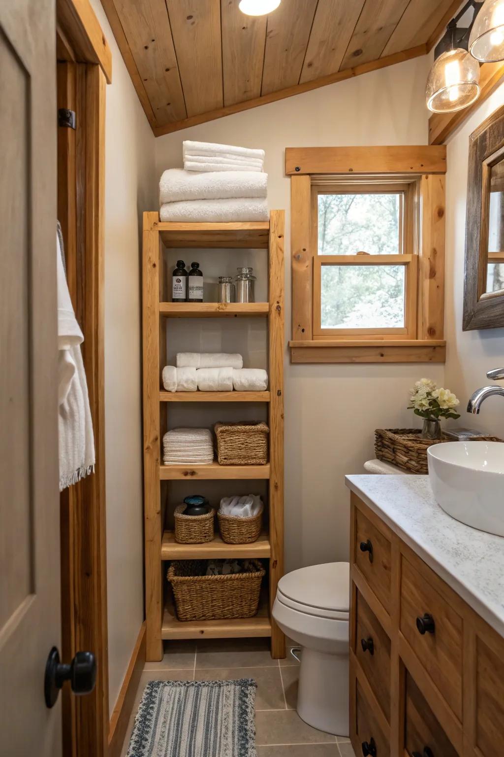 Timber ledges inject raw beauty and storage solutions.