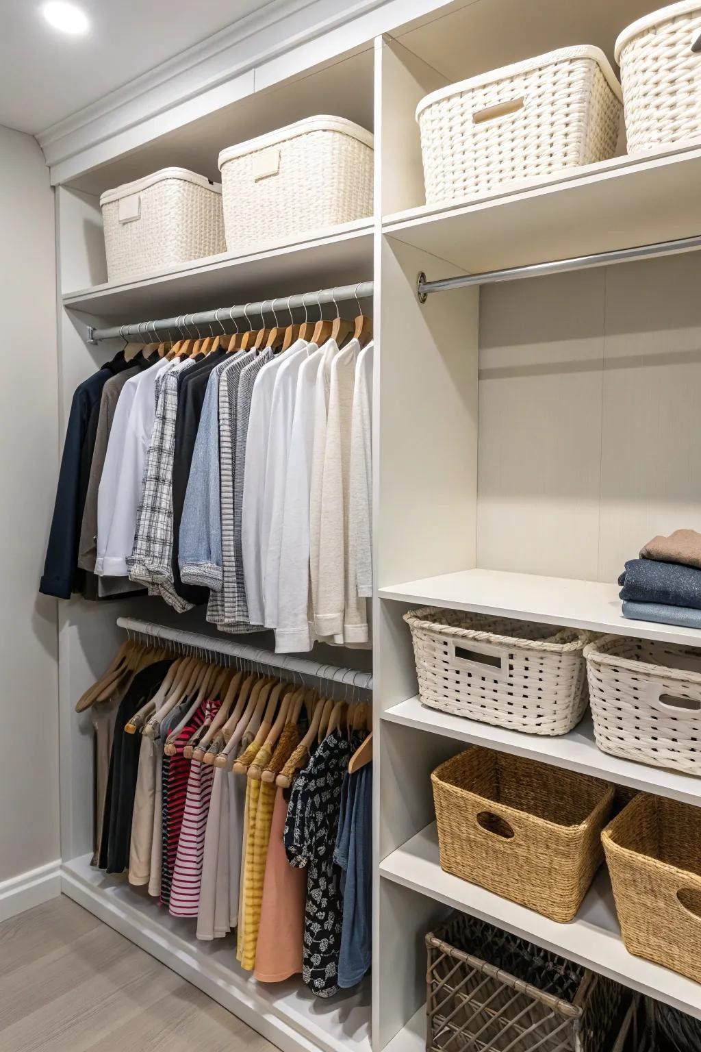 Baskets under shelves add hidden storage.