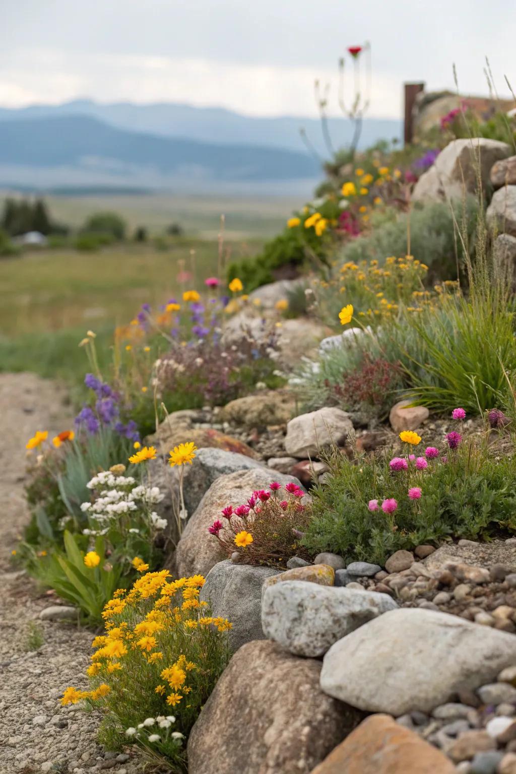 A mini wildflower meadow bringing life to a corner rock garden.