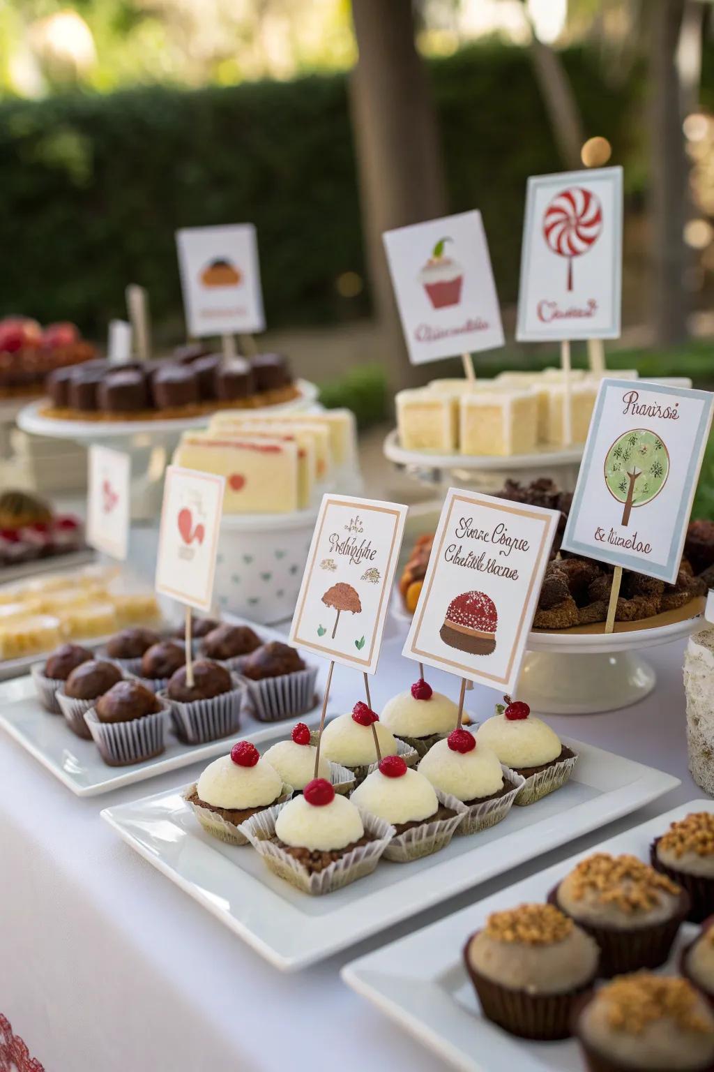 Custom dessert markers that add a tailored and cohesive detail.