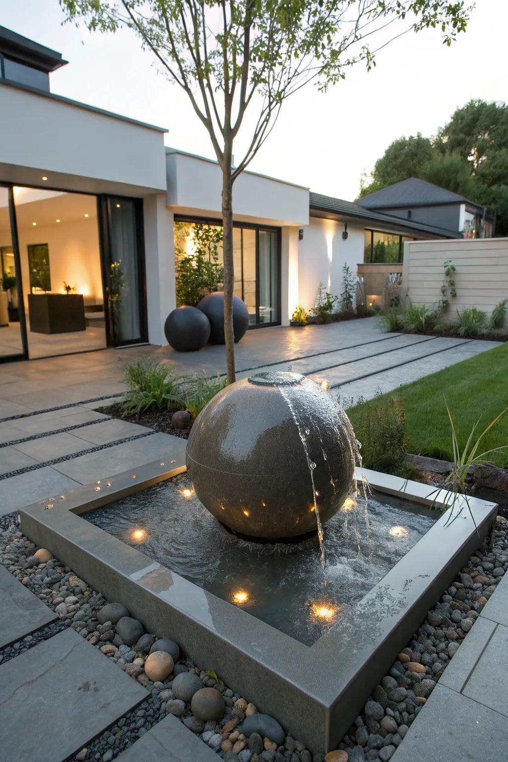 A drifting globe water feature captivates with its distinctive presence.