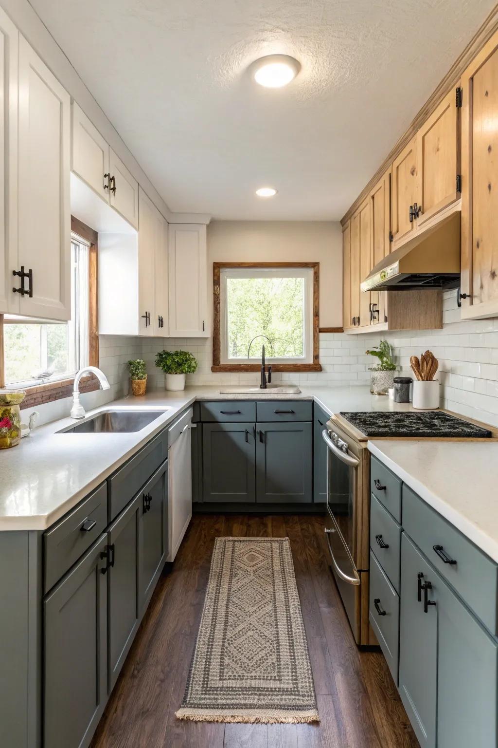 Dual-tone cabinets generate visual dimension.