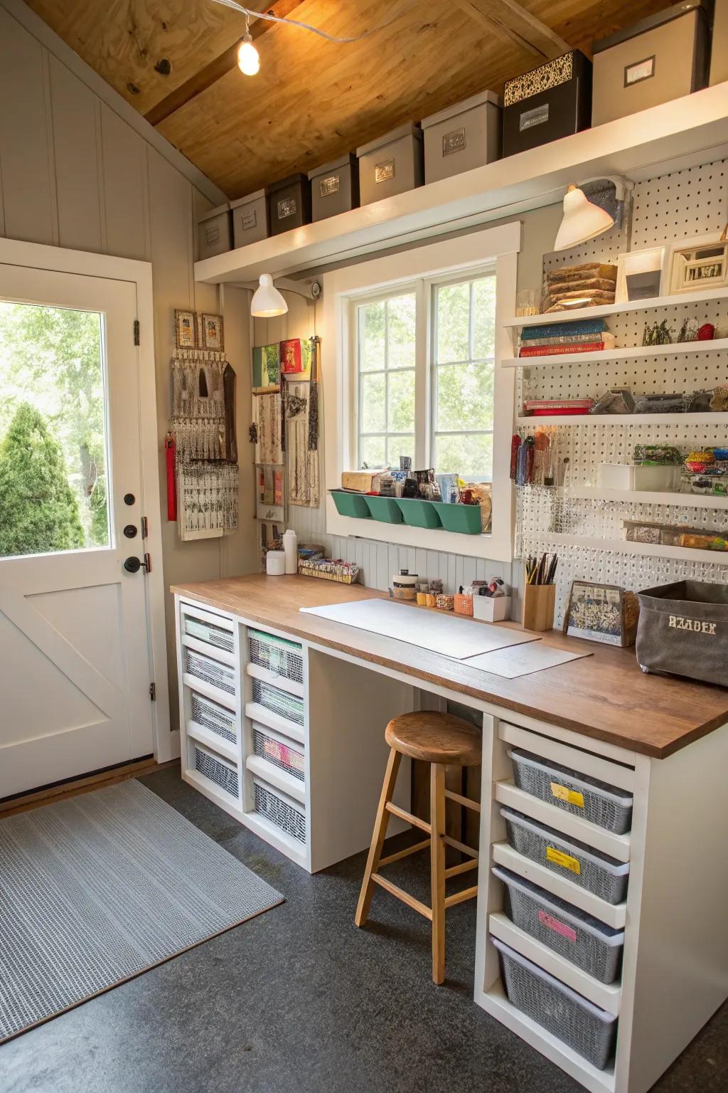 A small garage has been changed into a creative crafting space.