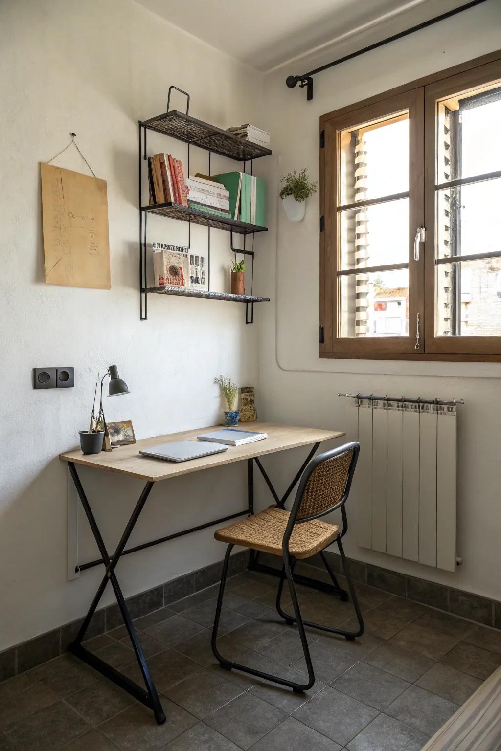 Wall-mounted desks offer functional workspace.