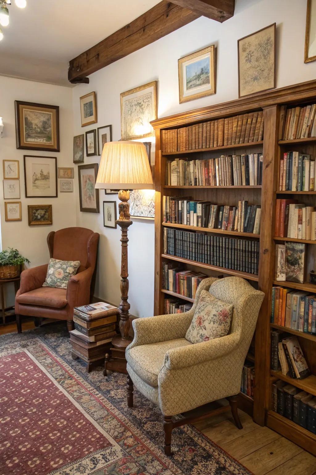 Vintage decor enriches your library with charm and history.