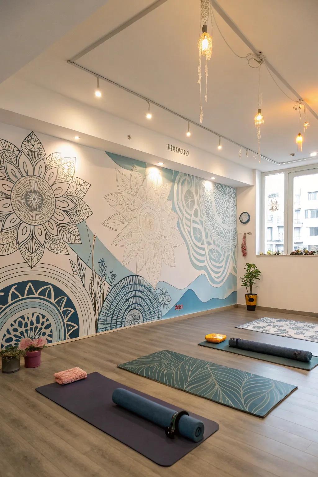 Artistic elements add personality to a yoga space.