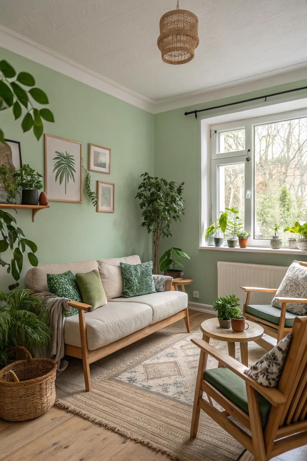 A snug parlor showcasing gentle foliage walls for tranquility.