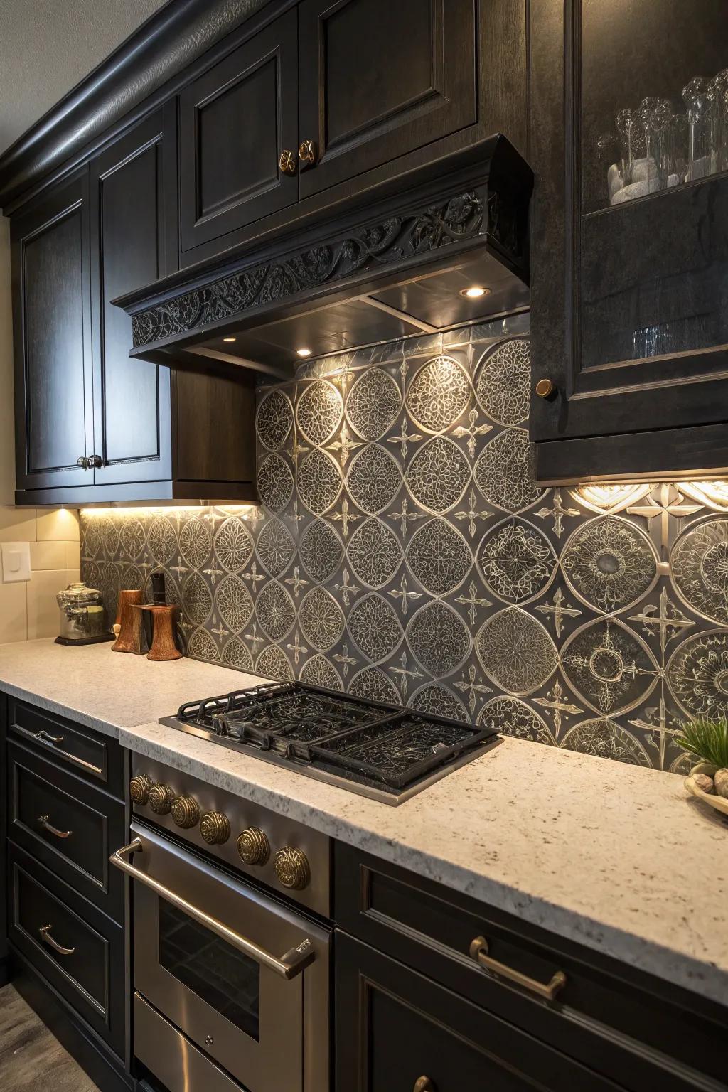 Dark shades incorporate drama to the backdrop of your cooking space.