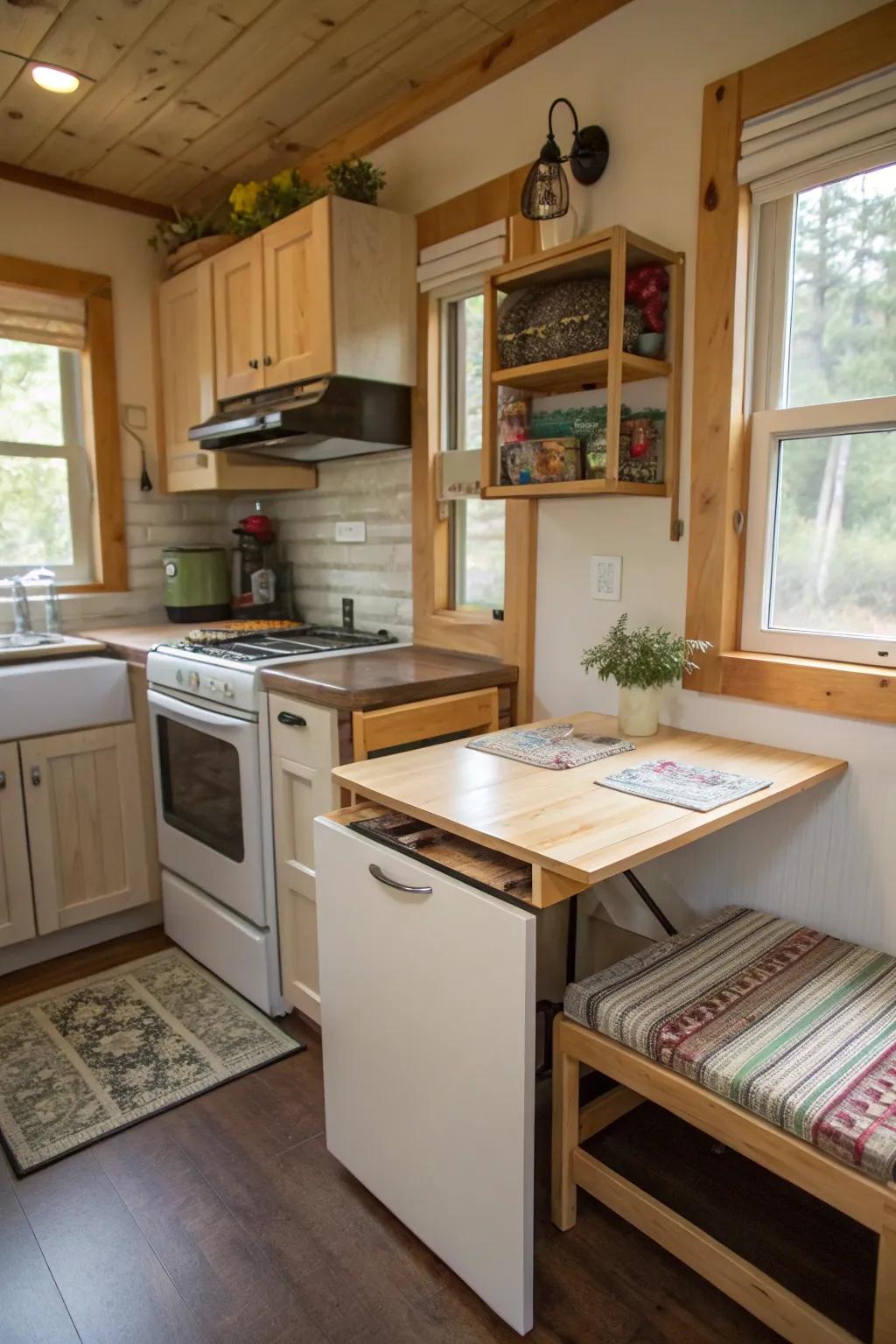 A hinged table introduces versatility throughout this multifunctional kitchen.