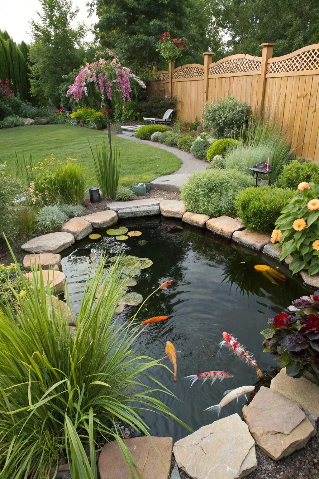 A rich plant surround enhances the natural beauty of this water garden.