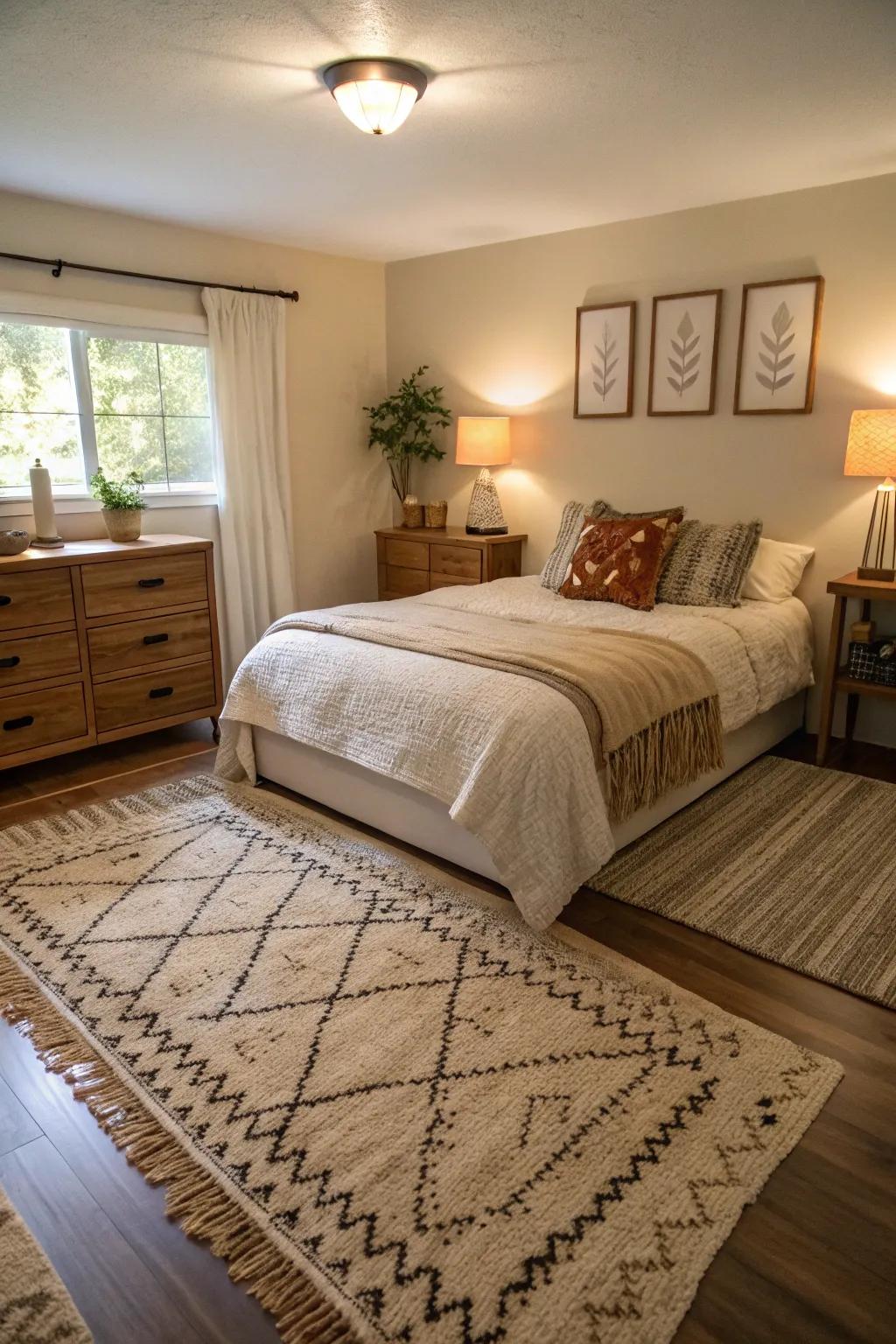 Layered floor coverings enhance the tactile dimension of a compact primary bedroom.
