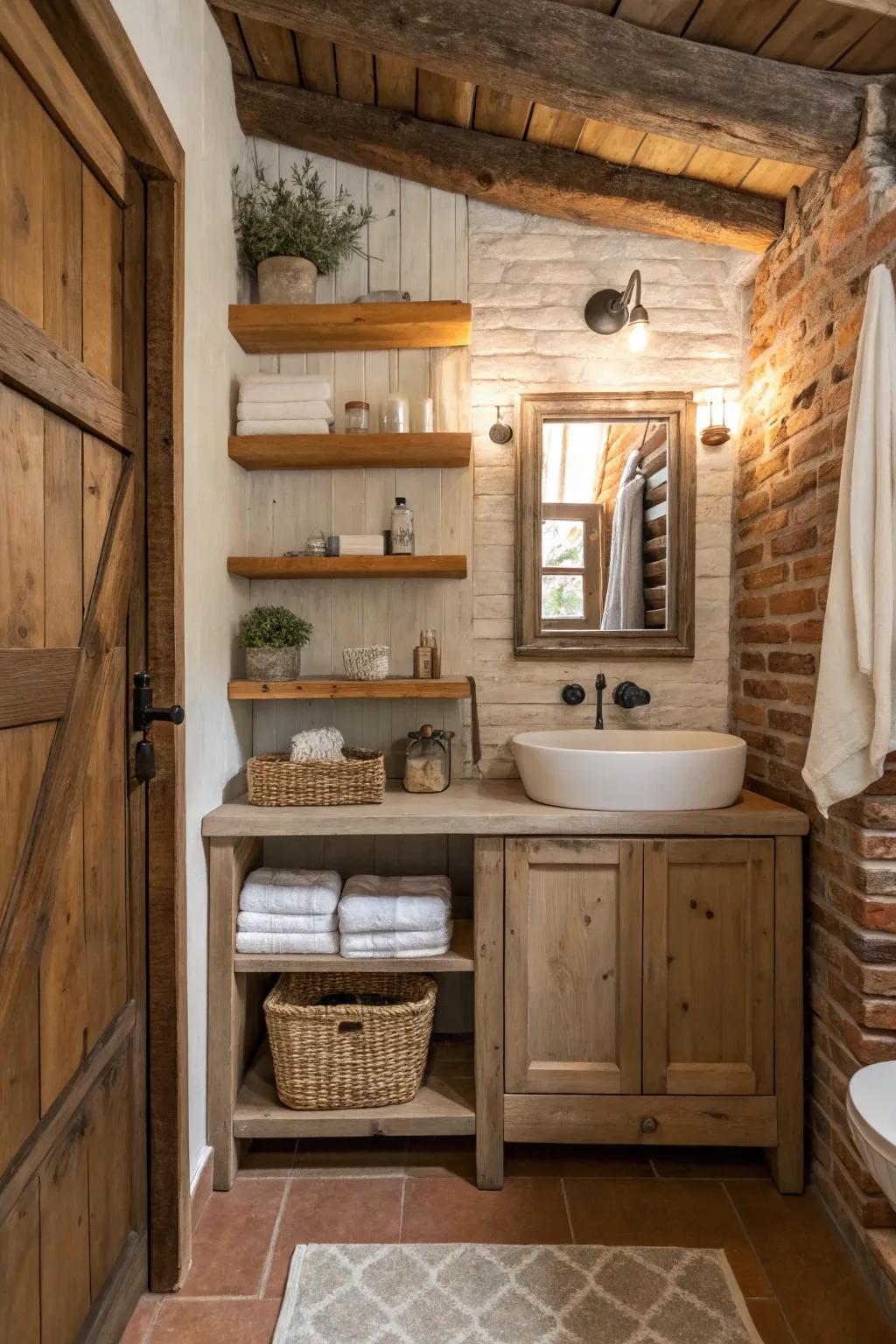 Exposed shelving provides both storage and display in a homespun bathroom.