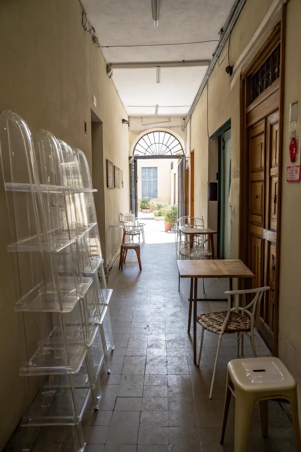 Transparent furniture can maintain a sense of openness in your narrow hallway.