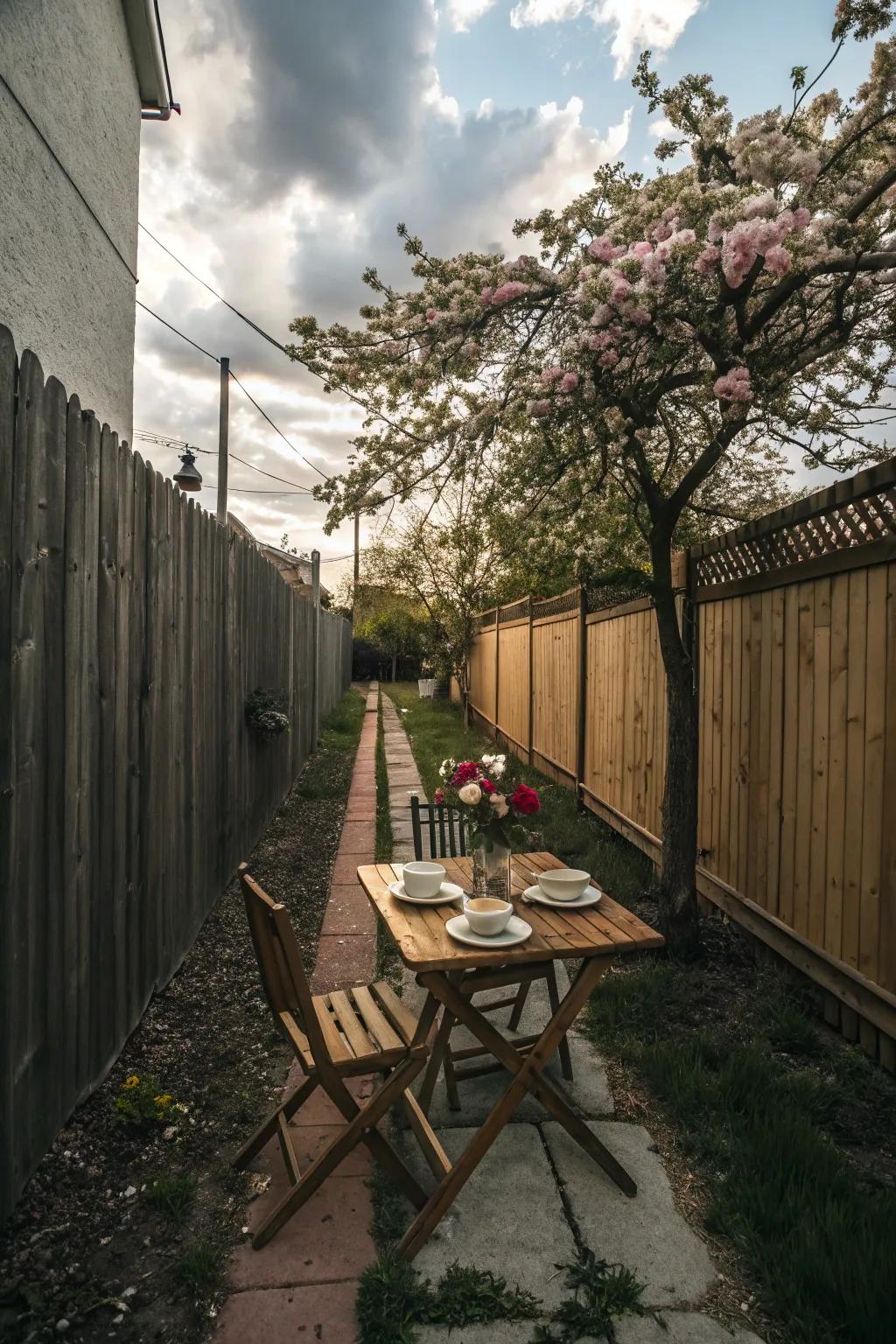 Dining spots allow for delightful outdoor meals in slim side yards.