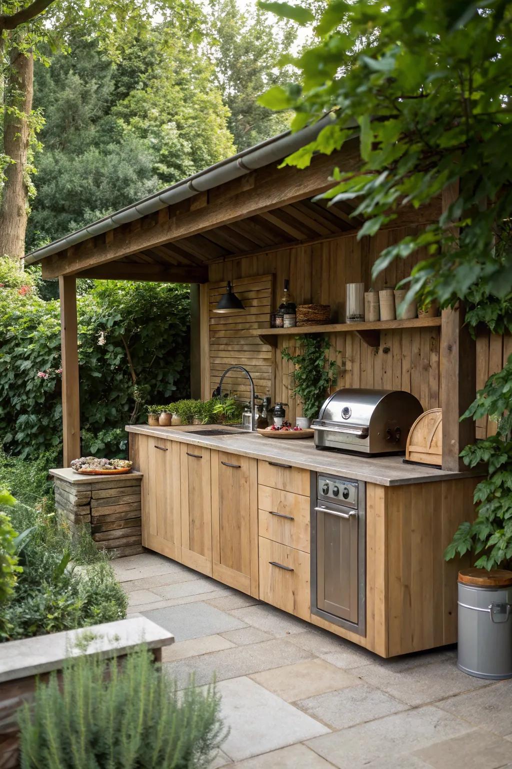 Inviting and warm cooking area is created with natural timber.